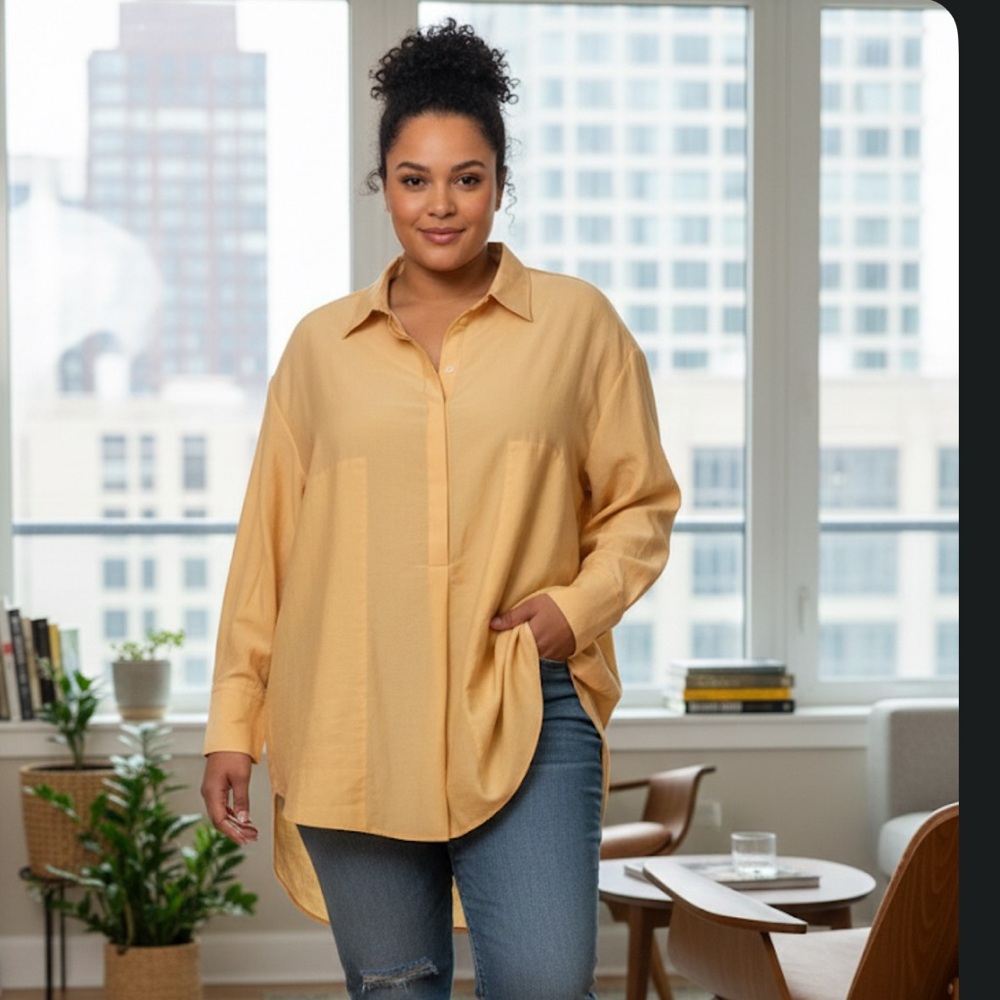 ZARA Women’s Oversized Button Front Lyocell Shirt Tunic Yellow XXL Longline bb - Picture 7 of 8